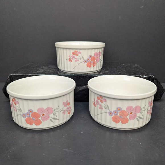 Galleria Collection Stoneware Pink Floral Ramekin 1985 JMP Marketing Lot of 3 - Picture 1 of 10